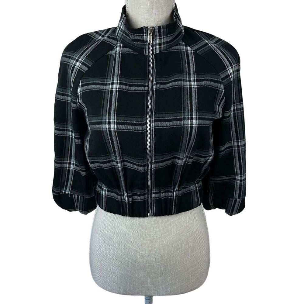 Vintage Rainbow Plaid Crop Top Womens M Black White Full Zip Academia Y2K 90s